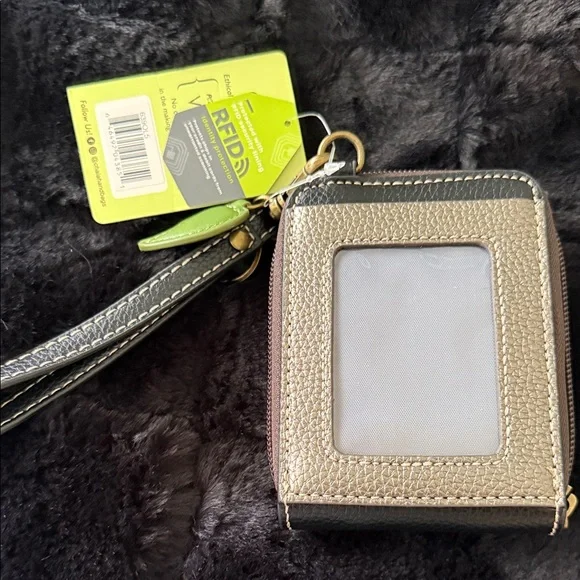 Chala Metallic Silver and Black Owl RFID Wristlet Wallet with Green Leaf Charm - Picture 2 of 5